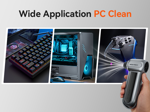 Text reads: 'Wide Application PC Clean'. Series of images demonstrating cleaning process for computer peripherals, including keyboard, mouse, and gaming equipment with LED lighting.