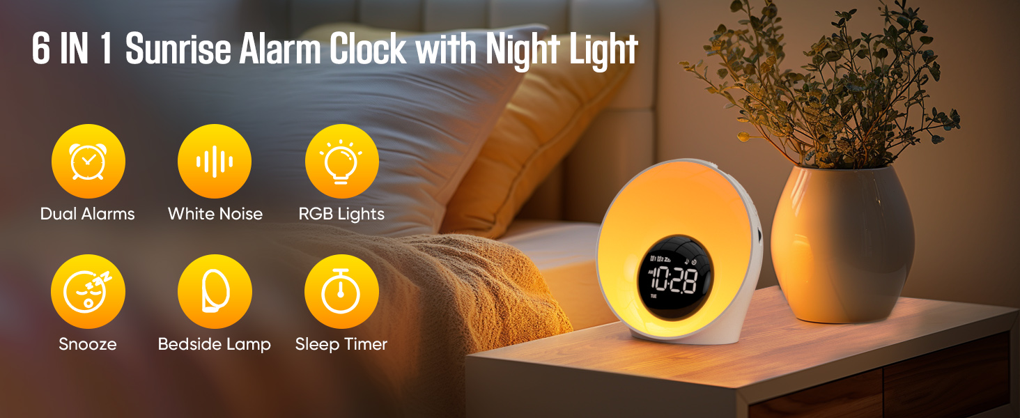 Text reads '6 IN 1 Sunrise Alarm Clock with Night Light'. Product interface showing circular icons for various alarm and light settings against a dark background.