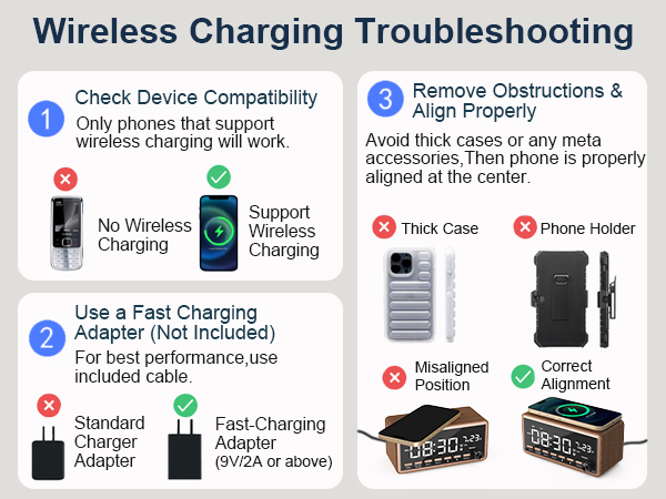 alarm clock with wireless charger troubleshooting