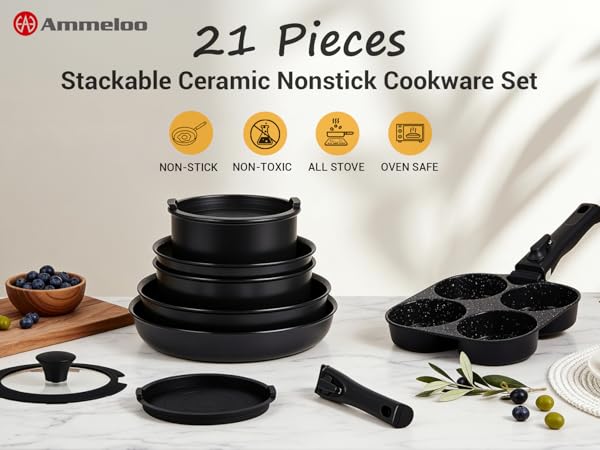 Ammeloo 21-Piece Ceramic Pots and Pans Set Non Stick with Egg Pan