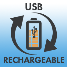 Battery icon with arrows around, "USB rechargeable" text.