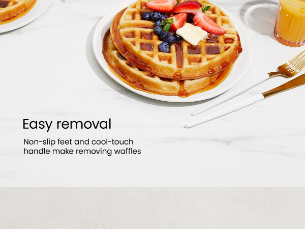 Easy removal, non-slip feet and cool-touch handle make removing waffles simple