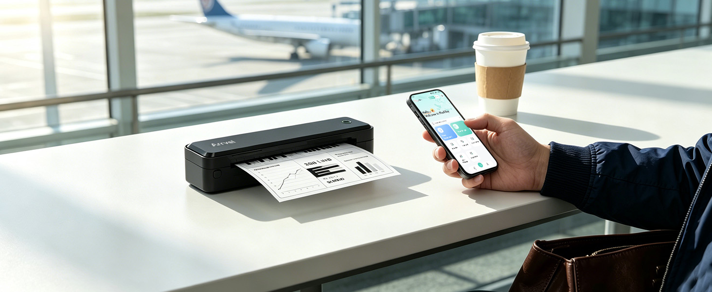 Traveler uses a smartphone to print a business document with the A8 Bluetooth printer at an airport