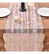 Joanlody Pink Spring Summer Table Runner 10ft Embroidery Floral Wildflowers Seasonal Rustic Gauze...