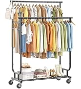 Ekisemio Heavy Duty Clothes Rack with Wheels, Double Rod Garment Rack with shelves, Clothing Rack...