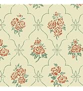 HeloHo Peel and Stick Wallpaper Yellow Grid Wall Paper Red Floral Green Leaf Vintage Self Adhesiv...
