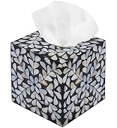 PEMAR Decorative Tissue Box Cover, 5.5” Cube Wooden Tissue Holder with Mother of Pearl Inlay, Far...