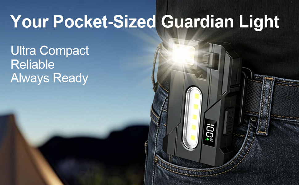 Text reads "Your Pocket-Sized Guardian Light", "Ultra Compact", "Reliable", "Always Ready". Compact LED light device mounted on dark fabric with bright white light beam illuminated against sky.