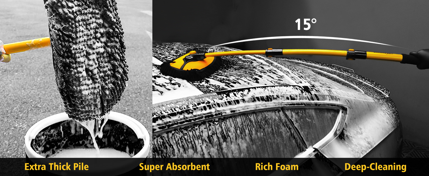 Car cleaning brush with long handle and 15-degree angle. Features thick bristles, super absorbent material, rich foam production, and deep cleaning capability for vehicle surfaces.