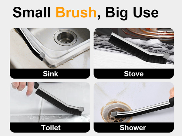 Text reads 'Small Brush, Big Use'. Black labeled buttons showing 'Sink', 'Stove', 'Toilet', 'Shower' with corresponding cleaning demonstration images.