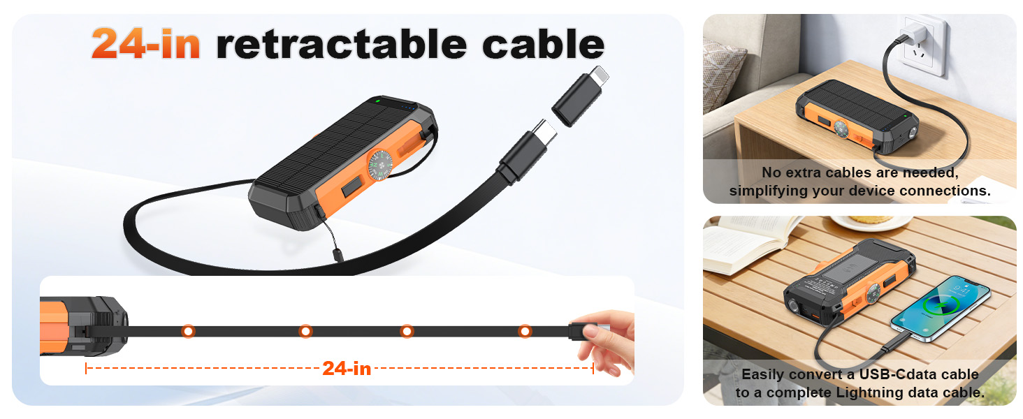 solar power bank features a built-in Type-C retractable cable and a detachable Lightning adapter