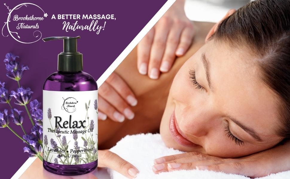 Relax Lavender Massage Oil with woman getting a relaxing massage.