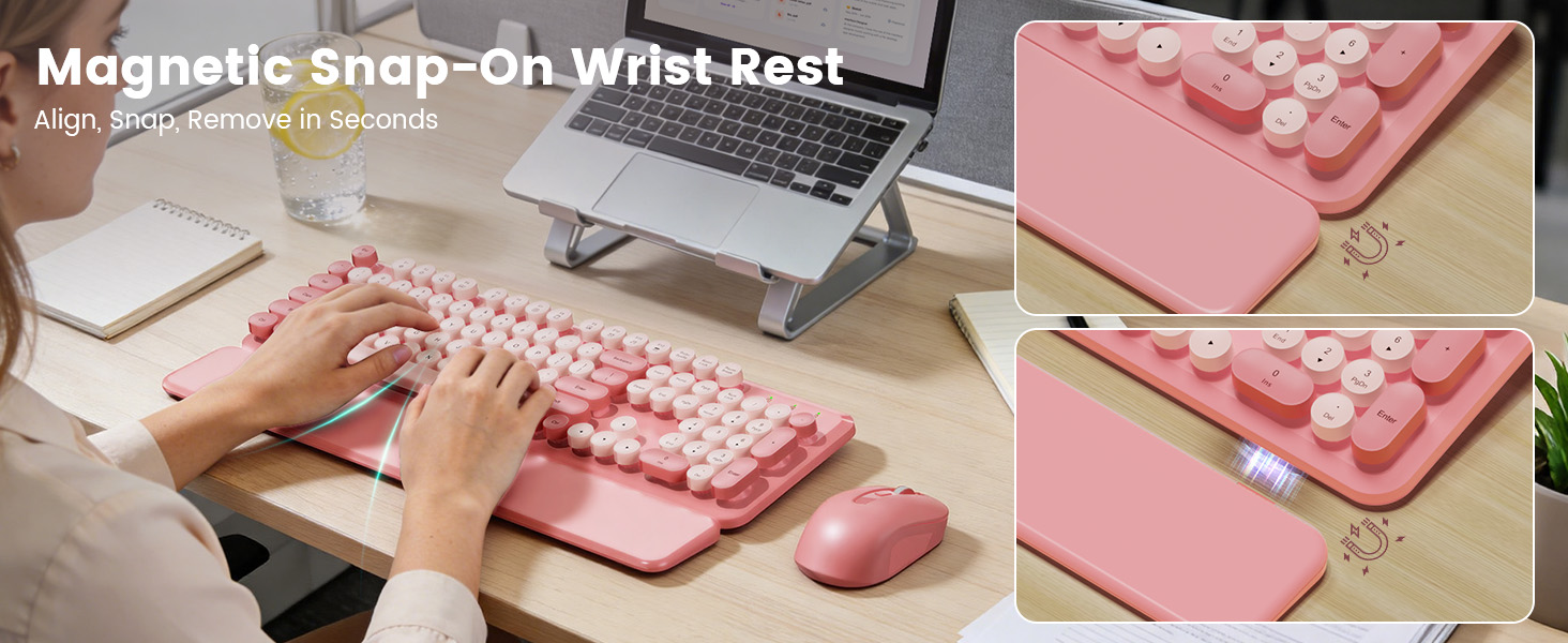 wireless keyboard with magnetic snap on wrist rest shown attaching and removing in seconds