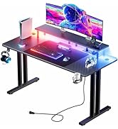 HLDIRECT 47 Inch Gaming Desk with 5 Sockets &amp; LED Lights, Large Rgb Computer Gaming Desk Table wi...