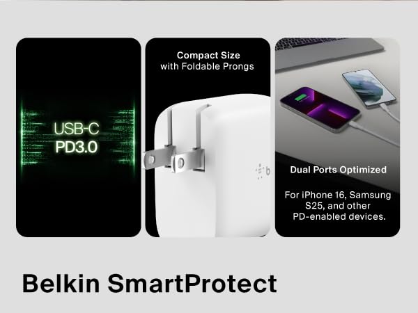 Image of usb c charging port with text reading compact size with foldable prongs.