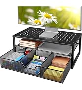 HUANUO 2-Tier Metal Monitor Stand Riser, Desk Organizer with Drawer &amp; Shelf, Computer Stand Riser...