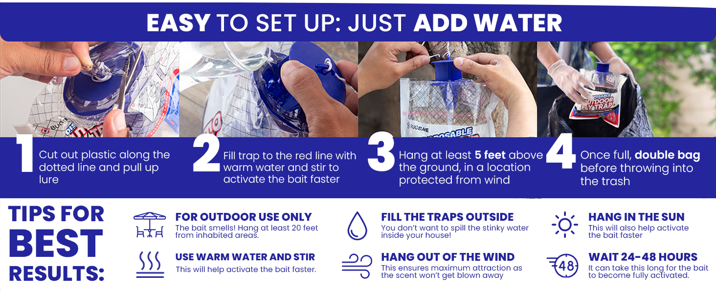 Easy to set up fly repellent outdoor fly traps. Just add water and hang.