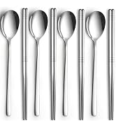Tiokin Spoon and Chopsticks Set, 4 Pair Stainless Steel Metal Chopsticks Spoon Set,4 Set Korean C...
