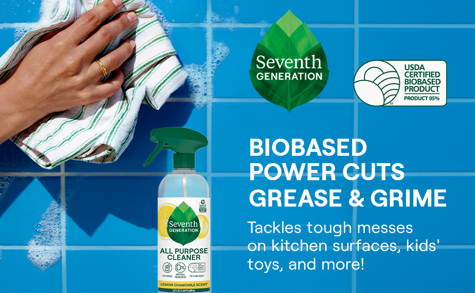 Seventh genereation all purpose cleaner, tackles tough messes on kitchen surfaces.