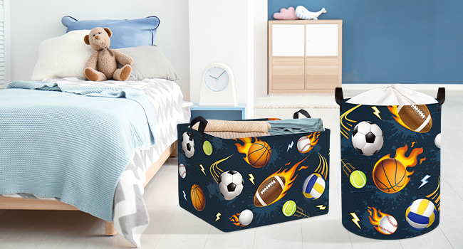 Collection of images showing dark blue storage boxes or containers with celestial pattern featuring stars and moons in yellow and white.