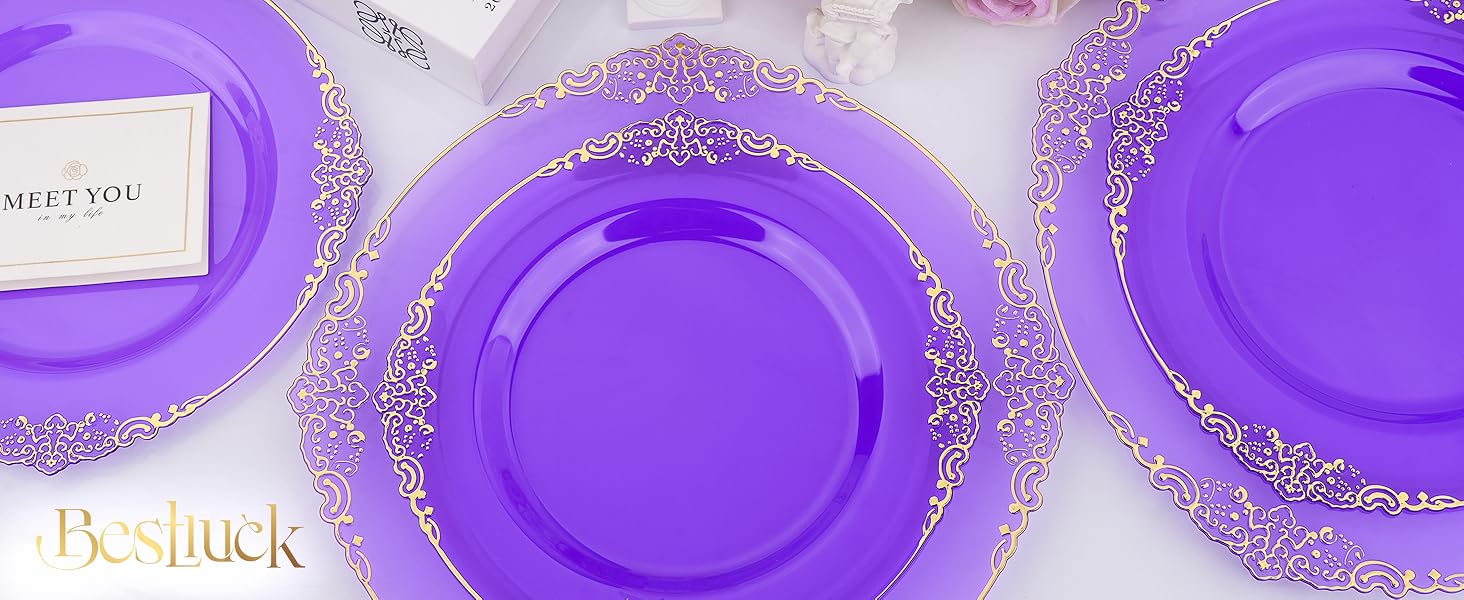Purple and gold dinnerware set