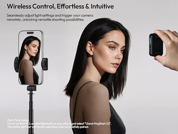 Text reads 'Wireless Control, Effortless &amp; Intuitive'. Professional lighting setup demonstration showing smartphone-controlled lighting equipment in use.