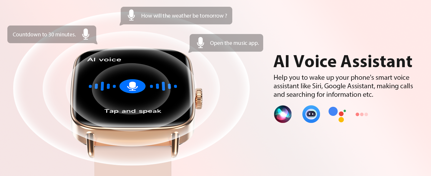 Pink smart watch for women with AI voice assistant control for weather, music, calls, and timers