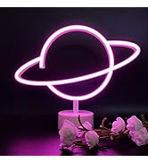 ENUOLI Pink Planet Neon Light Signs Table LED Night Lights with Pedestal Room Decor Battery/USB O...