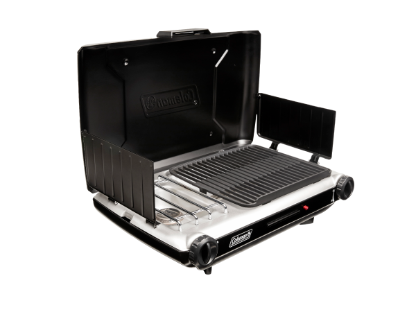 coleman two in one grill stove portable push button start grease tray BTU wind guard camp tailgate