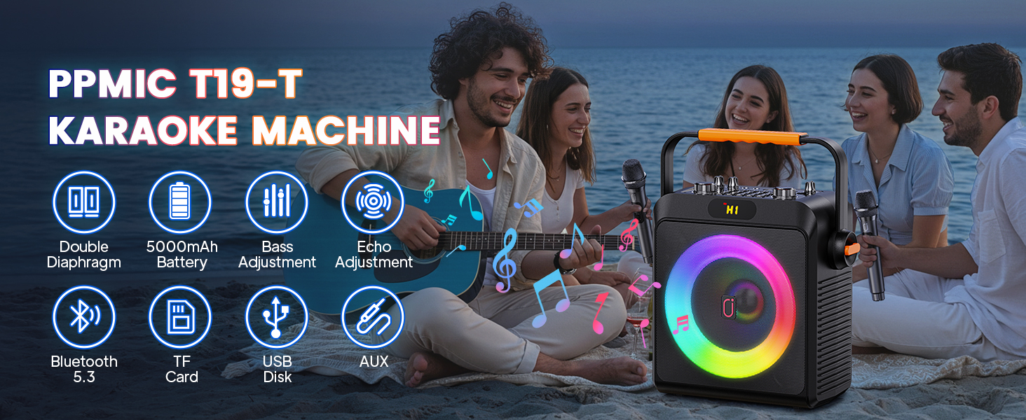 T19-T Multifunctional Karaoke Machine with Two Microphones and 6.5-inch Bass Speaker