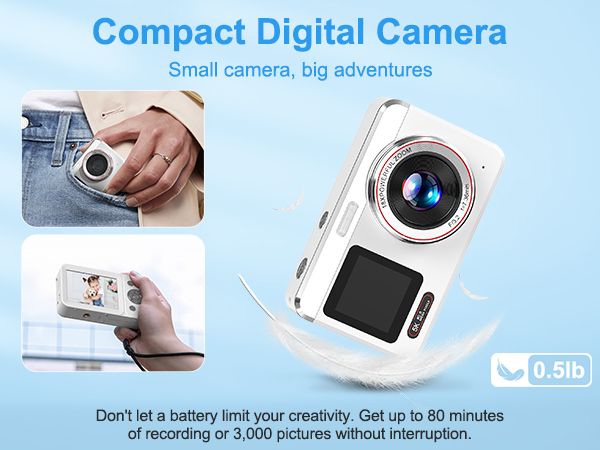 Lightweight &amp; long-lasting. Weighs only 0.5lbs with battery for up to 80 mins of recording.