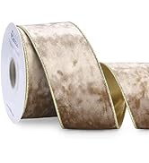 Ribbli Camel Velvet Wired Ribbon 2.5 Inch Metallic Khaki Gold Crushed Velvet Christmas Ribbon for...