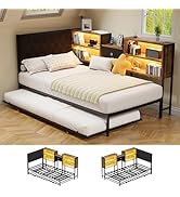 yoopin Daybed with Trundle Twin Metal Bed Frame with Upholstered Headboard Charging Station Shelf...