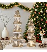 Mie Creations Christmas Tree Figurines, Set of 2 Wooden Decorative Trees for Home, Living Room, T...
