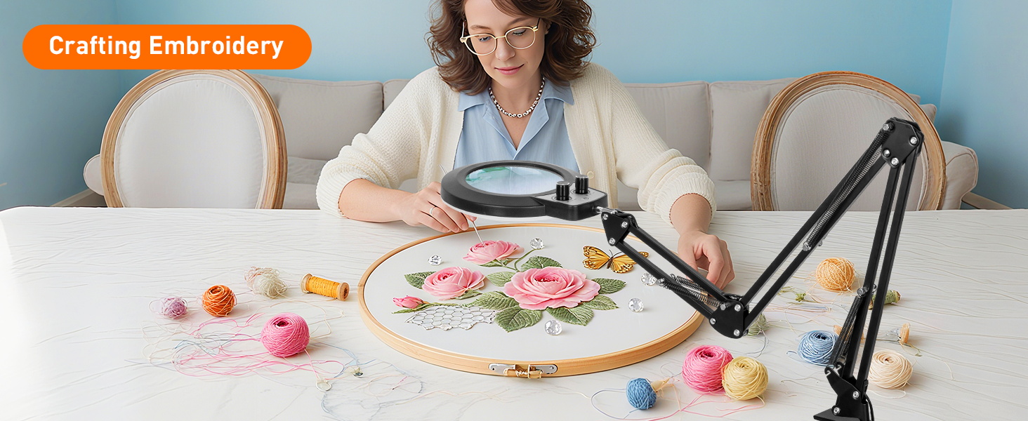 Sewing, cross-stitch magnifying glass with light hands free magnification of details
