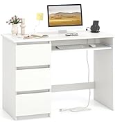 Giantex White Computer Desk with Power Outlet, Modern Office Desk with Keyboard Tray &amp; 3 Large Dr...