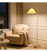 Unique Arc Floor Lamp, Bright 12W Three-Color Dimming, 14-inch Pleated Lampshade, Brass Gold Ligh...