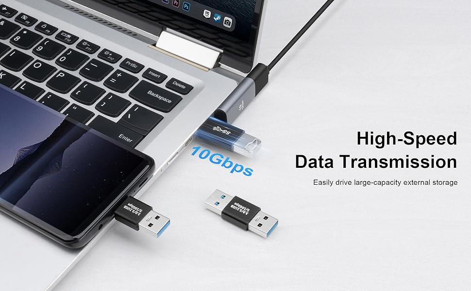 USB data transfer device connected to laptop, highlighting 10Gbps high-speed data transmission capability. Small USB dongle shown separately.
