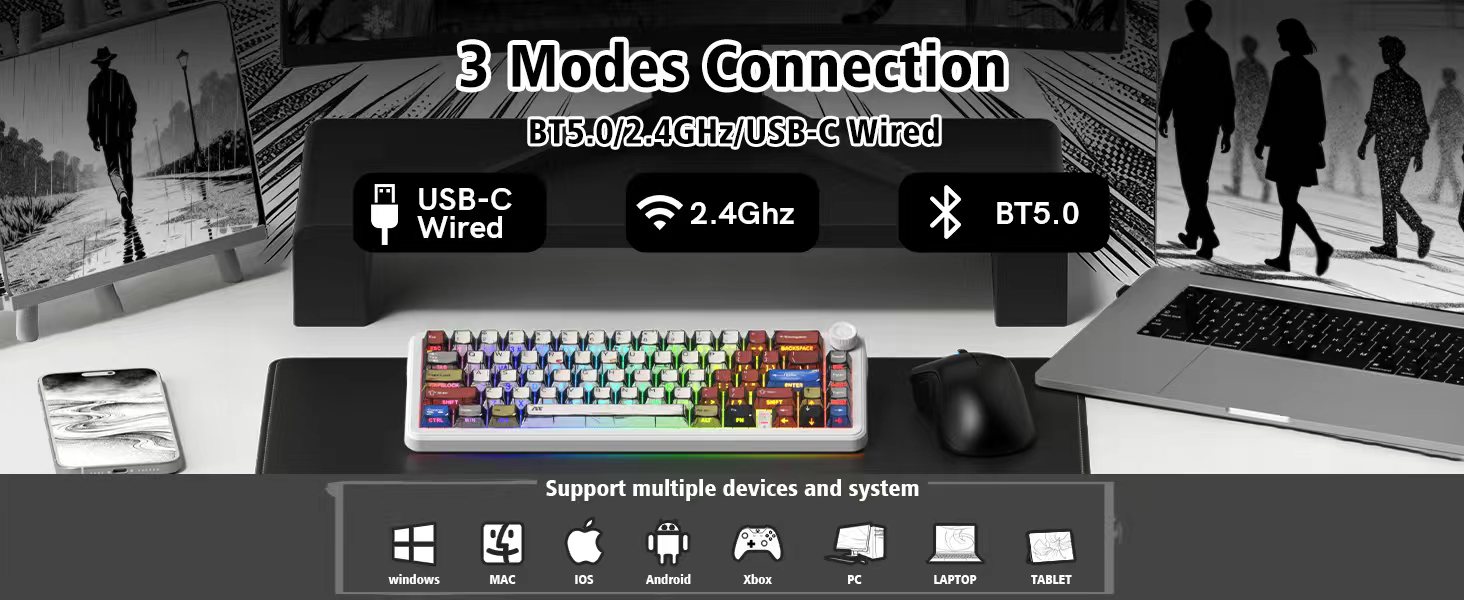 womier L65 60% Mechanical Keyboard Wireless with Knob, White Gaming Keyboard 4000mAh Battery
