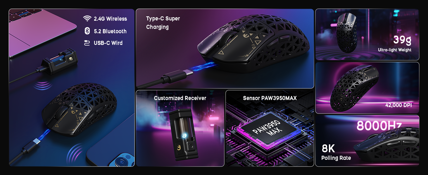 Ultra-Lightweight Nordic 52840 Chip, 2.4GHz Wireless/BT/Wired, for PC/Xbox/PS/Mac
