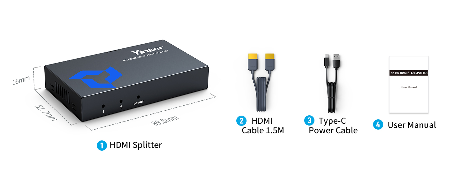 HDMI splitter device shown with connection diagram including HDMI splitter unit, HDMI cables, and user manual. Black rectangular device with blue accent strip.