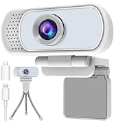 1080p White Webcam with Microphone, USB Web Camera 110-Degree View Angle Computer Camera,Webcam T...