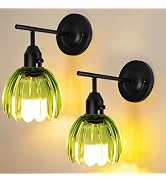 Vintage Wall Sconces Set of 2 with Green Tulip Glass Lampshade, Hardwired and Wireless Wall Mount...