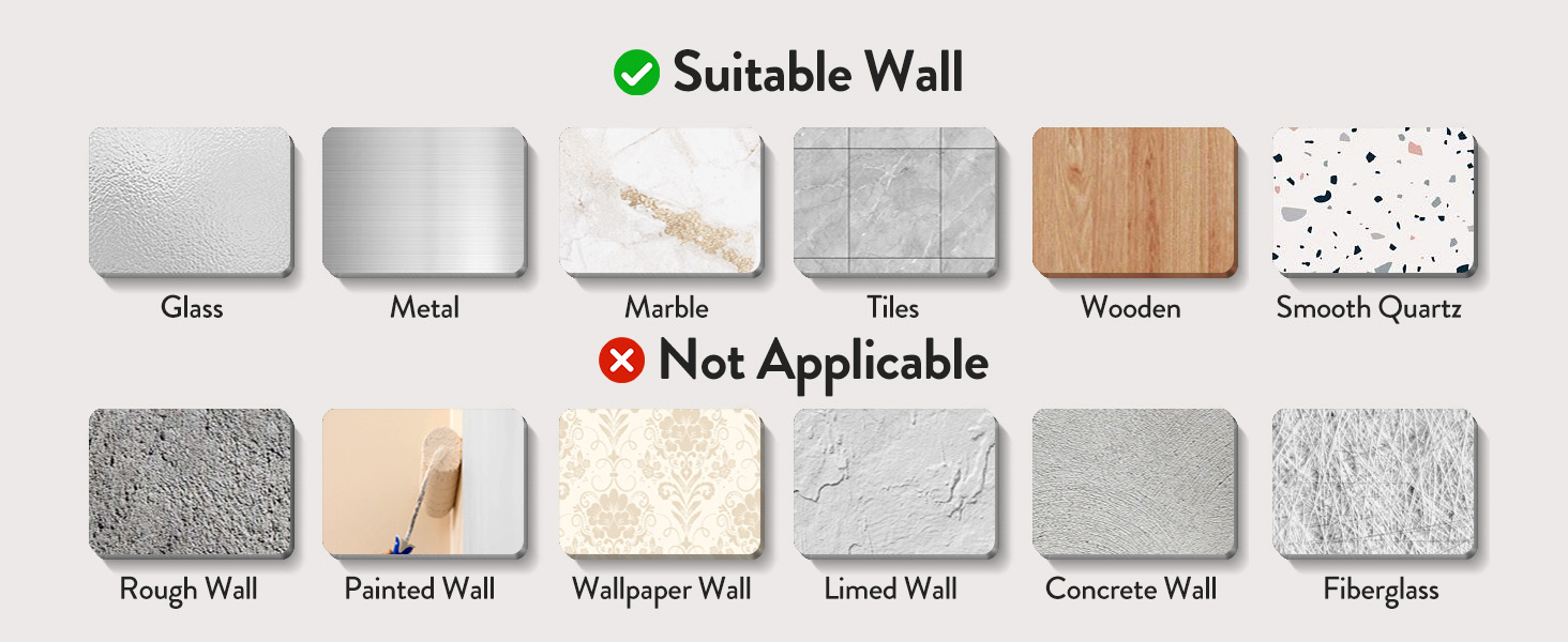 Text reads 'Suitable Wall' and 'Not Applicable'. Wall surface compatibility chart showing various materials including glass, metal, marble, tiles, wood, and concrete.