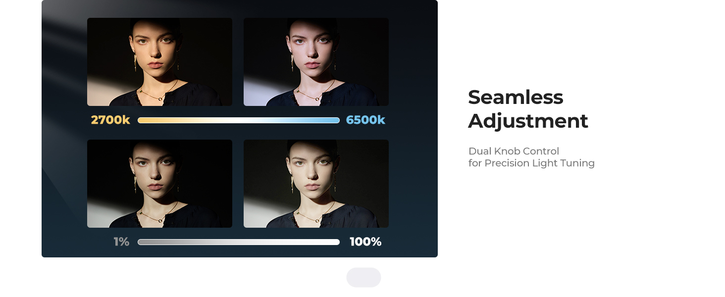 Text reads 'Seamless Adjustment'. Technical interface or control panel display showing adjustment settings with indicator bars.