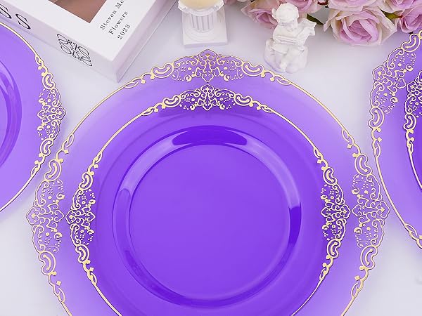 Purple and gold dinnerware set