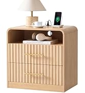 Fluted Nightstand with Charging Station, 24" Modern Bedside Table with Metal Handle, Drawers &amp; Op...