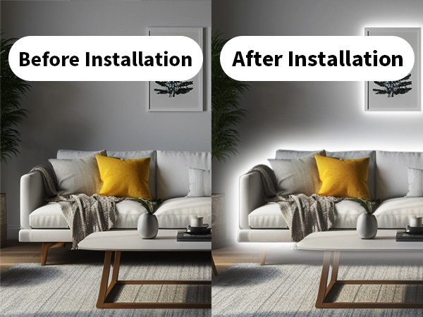 Before and after comparison showing lighting installation effect in a modern living room with gray couch, yellow cushion, and throw blanket.