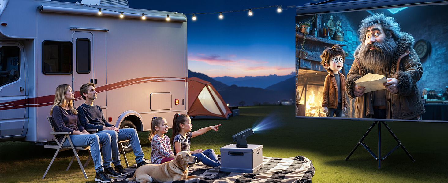 Multiple nighttime scenes showing outdoor movie viewing setup with projection screen and camping chairs. Shows various angles of RV/camper setup with outdoor cinema experience.