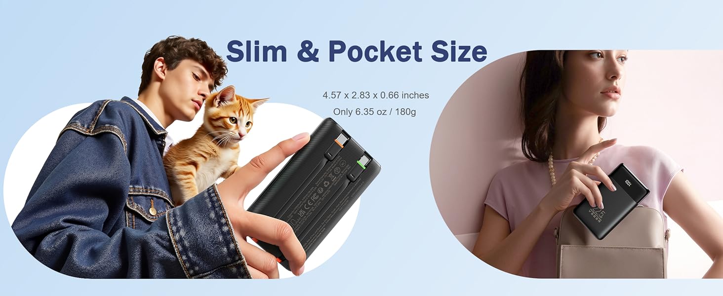 Slim Portable Charger, Pocket Size, Weighing 6.35 oz/180g, measuring 4.57 x 2.83 x 0.66 inches